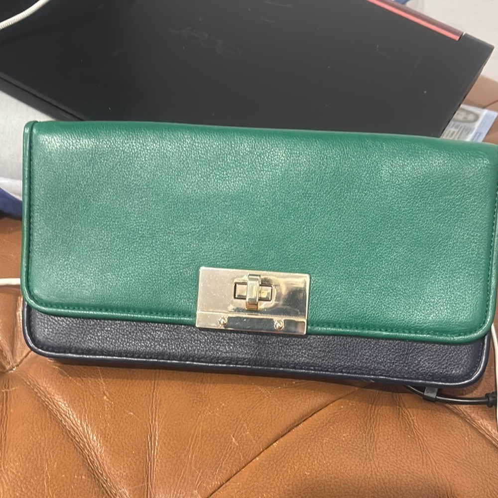 Leather Green and Black clutch with Gold Clasp